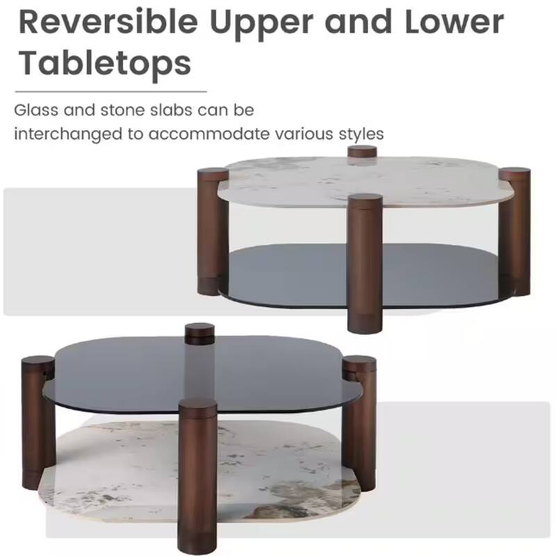 35 in. Square Tempered Glass and Stone Tabletop Modern Coffee Table with Steel legs