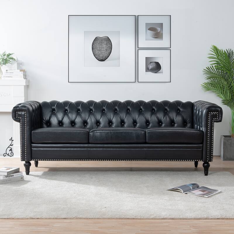 Modern Teddy Velvet Sofa with Birch Legs and Quilted Backrest, 660 lbs Capacity - Black