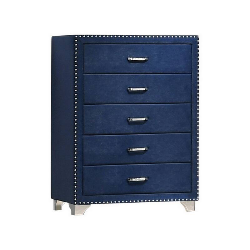 Cale 44 Inch Modern Glam Tall 5 Drawer Dresser Chest, Nailhead, Blue Velvet