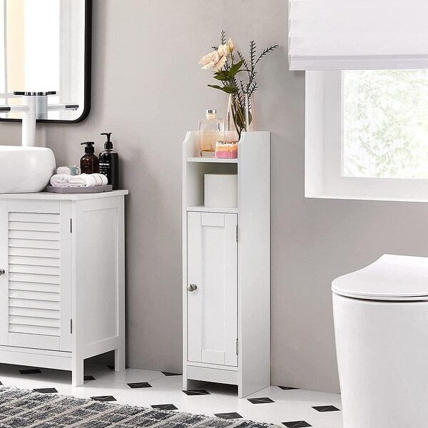 Small Bathroom Storage Floor Cabinet with Doors and Shelves 7.9 D x 7.1 W x 31.5 H 20 x 18 x 80 cm Bed Bath Beyond 36340756