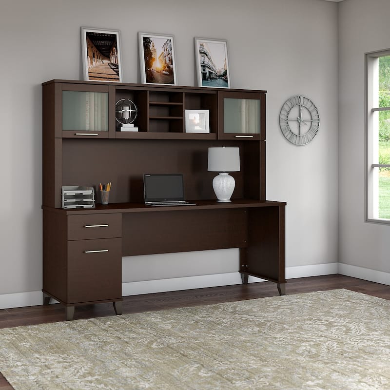 Bush Furniture Somerset 72W Office Desk with Hutch in Ash Gray - Mocha Cherry