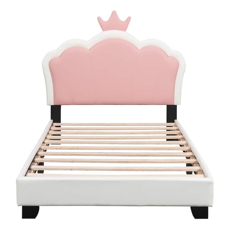 Cute Twin Size Upholstered Princess Bed Frame with Crown Headboard