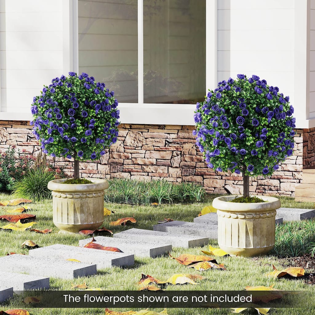 Artificial Purple Rose Topiary Ball Tree Artificial Shrubs Bushes - Green & Purple