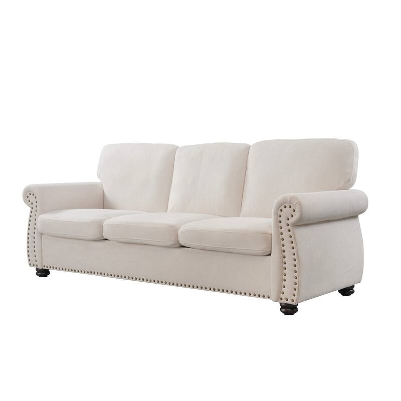 3 Seater Ivory Velvet Sofa with High-Density Foam, Loose Back Cushions and Solid Wood Turned Legs