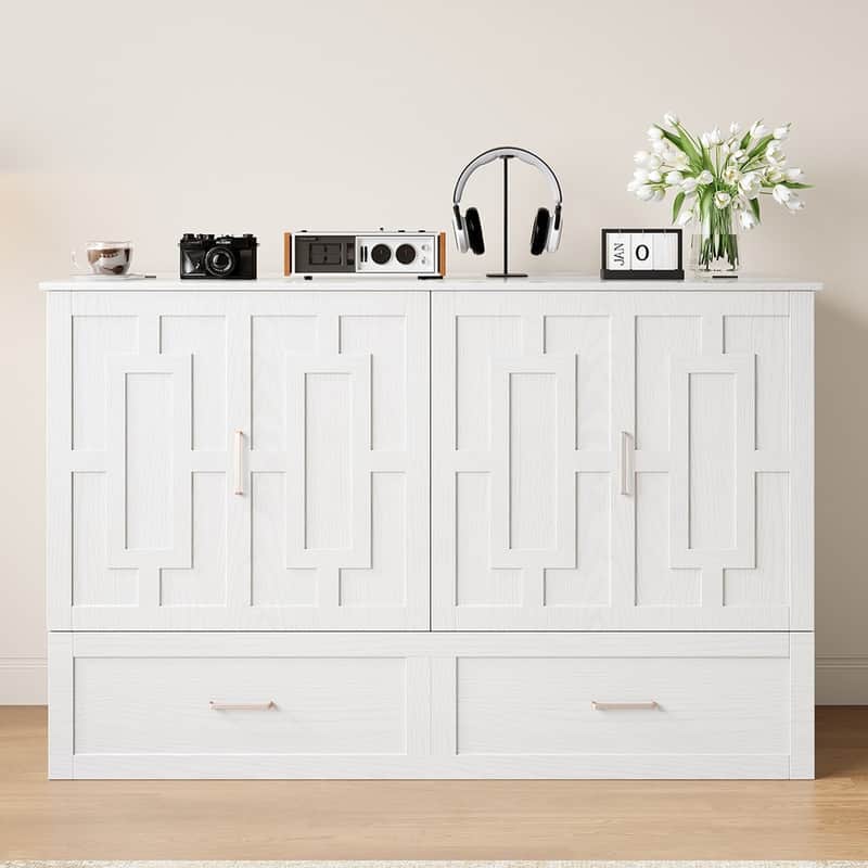 Mixoy Queen Modern Murphy Bed Chest with Mattress,Storage Drawer,Charging Station