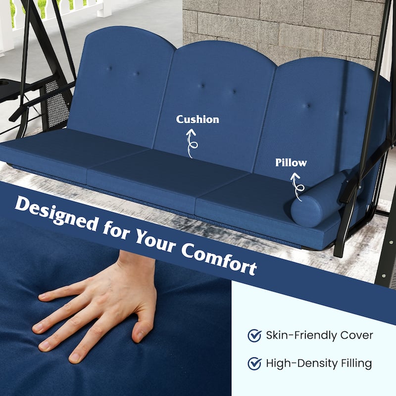 3-Person Patio Swing Chair with Adjustable Canopy and Cushions Side Trays for Outdoor Relaxation - 77" × 47" × 65"