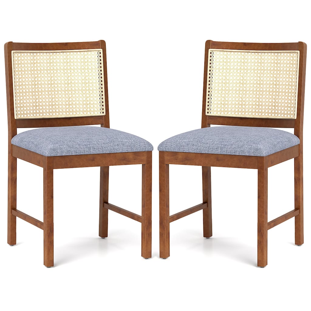 Gymax Rattan Dining Chair Set of 2 w/ Rubber Wood Frame Linen Fabric