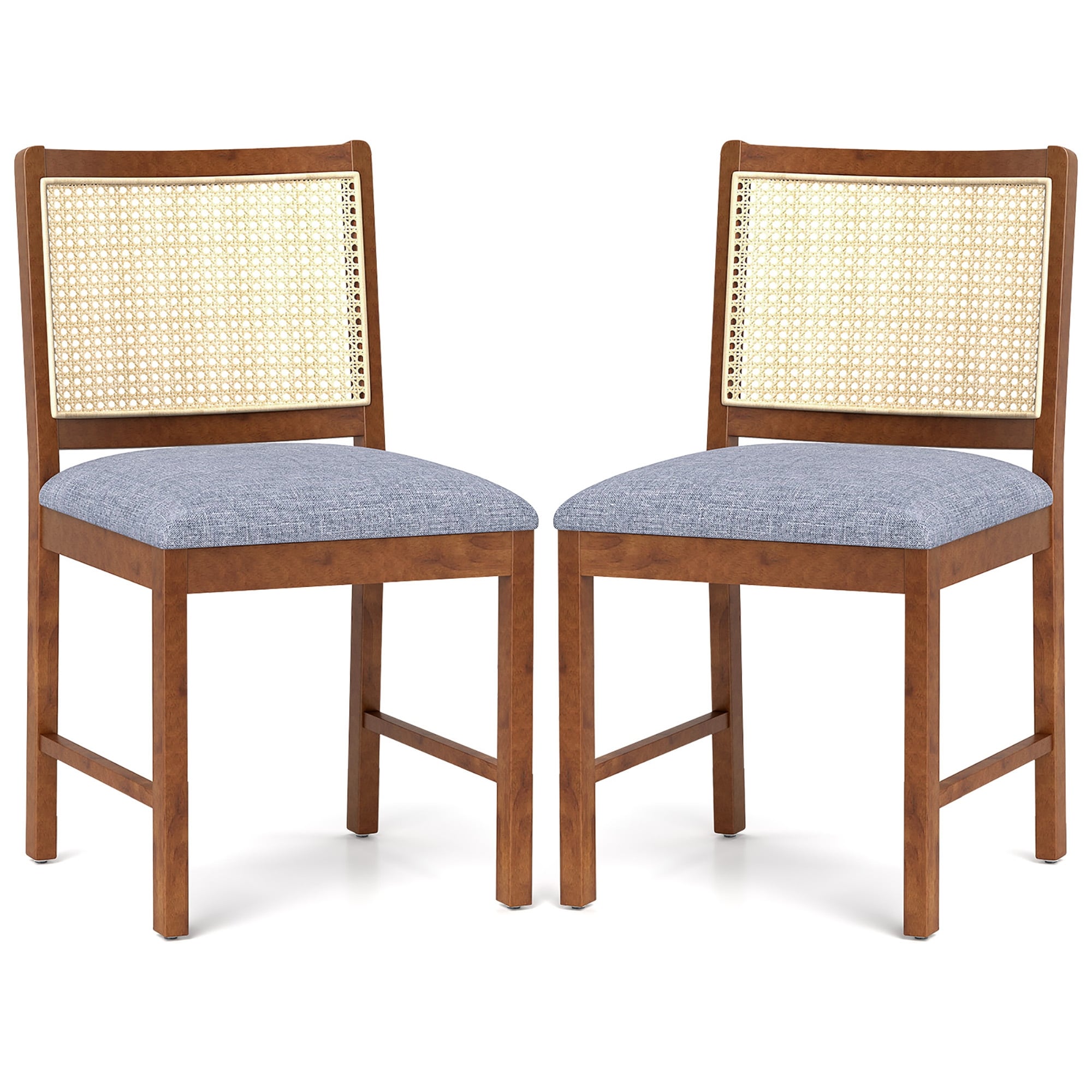 Gymax Rattan Dining Chair Set of 2 w/ Rubber Wood Frame Linen Fabric
