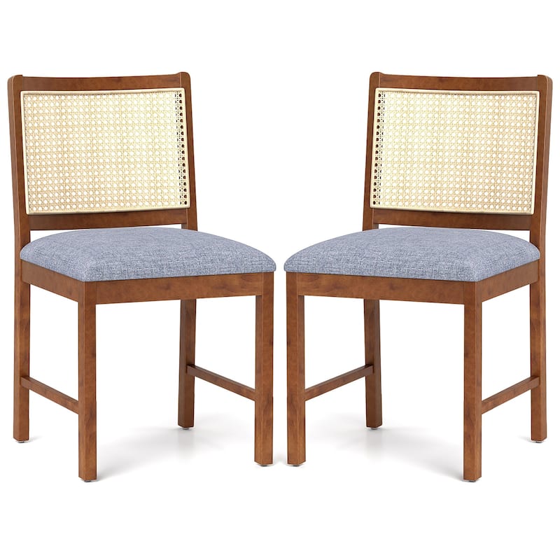 Gymax Rattan Dining Chair Set of 2 w/ Rubber Wood Frame Linen Fabric - Brown - Set of 2