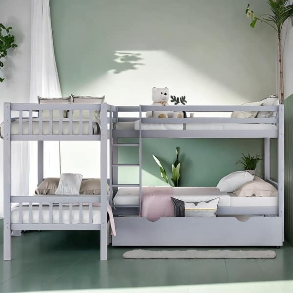 slide 2 of 35, Contemporary Twin L-Shaped Bunk bed with Built-in Ladder and Drawers, 4 Beds in 1, Maximized Space, Versatility Galore Grey