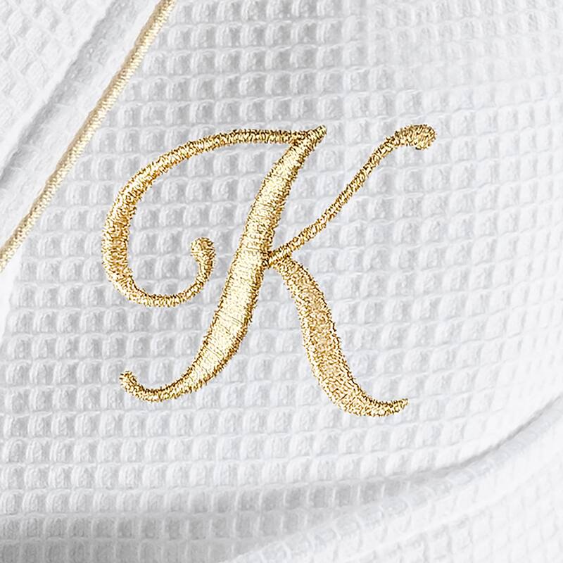 Authentic Hotel and Spa White/Gold Unisex Turkish Cotton Waffle Weave Terry Bath Robe with Gold Script Monogram