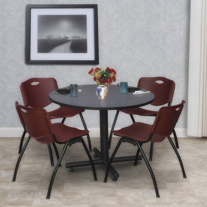 36 in. Round Breakroom Table- Grey & 4 'M' Stack Chairs- Burgundy