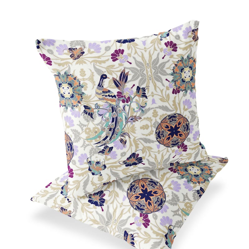 HomeRoots Set of Two 16" X 16" Purple and White Peacock Blown Seam Eclectic Indoor Outdoor Throw Pillow