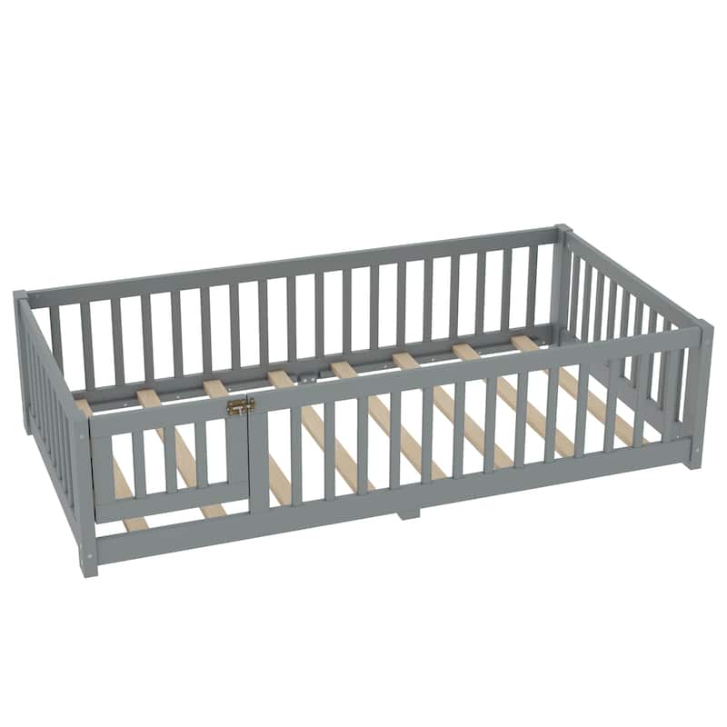 Montessori Toddler Floor Bed with Fence and Switchable Door, Low Profile Bed Frame with Removable Slats, Safe Transition Bed