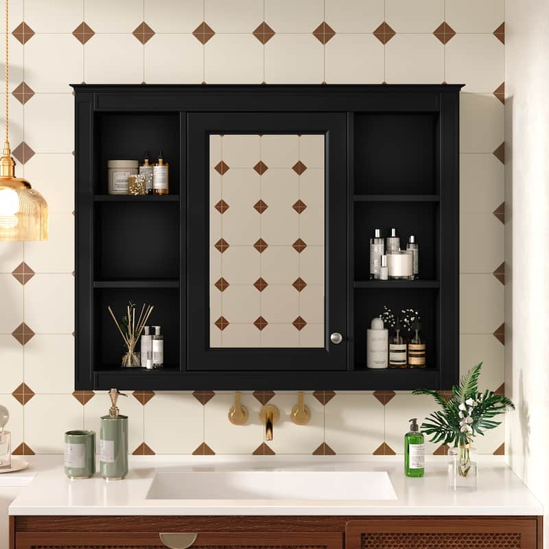 35" x 27.5" Modern Bathroom Medicine Cabinet, Wall Mounted Bathroom Storage Cabinet with Mirror & Shelves (Not Include Vanity ) - Black