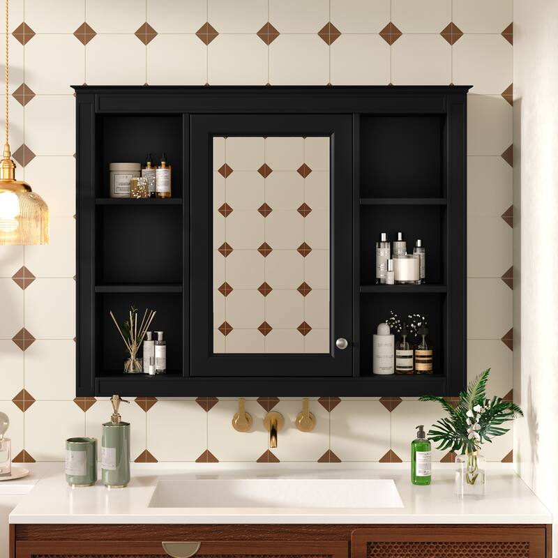 Roomfitters 35"x27.5" Medicine Cabinet, Wall Mounted Mirror Cabinet with 6 Open Shelves, Bathroom Storage Organizer, Black - Black
