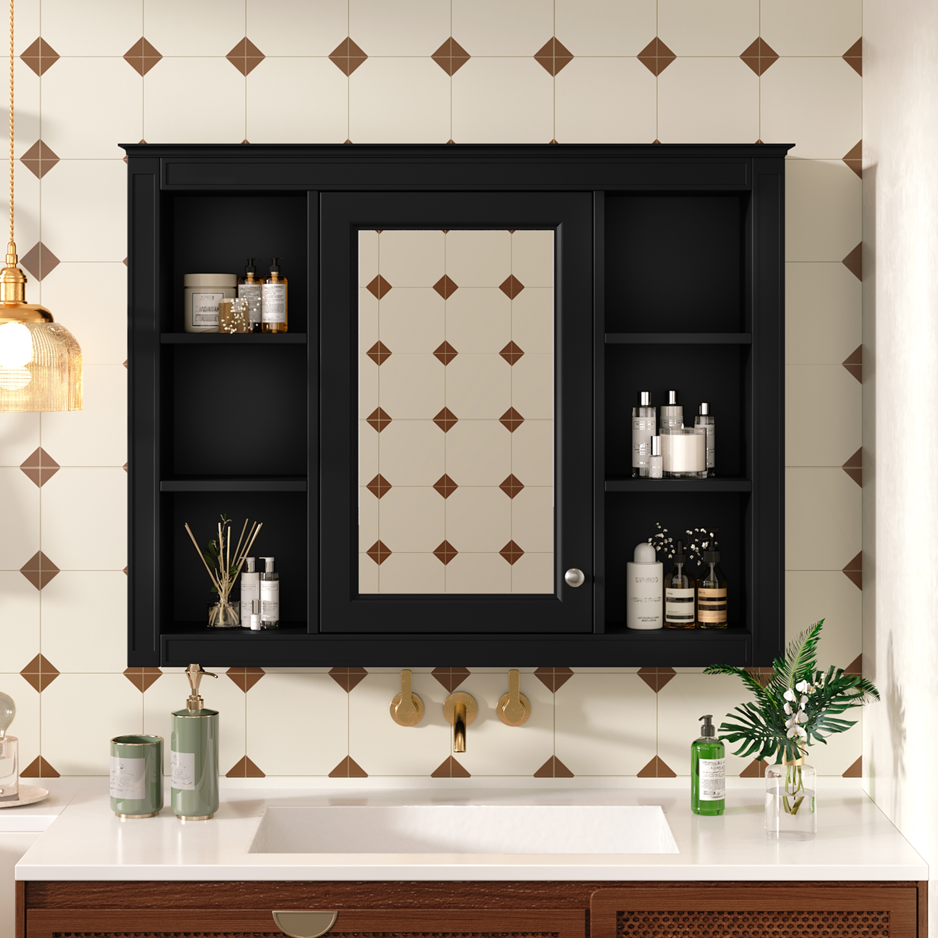 Roomfitters 35"x27.5" Medicine Cabinet, Wall Mounted Mirror Cabinet with 6 Open Shelves, Bathroom Storage Organizer, Black