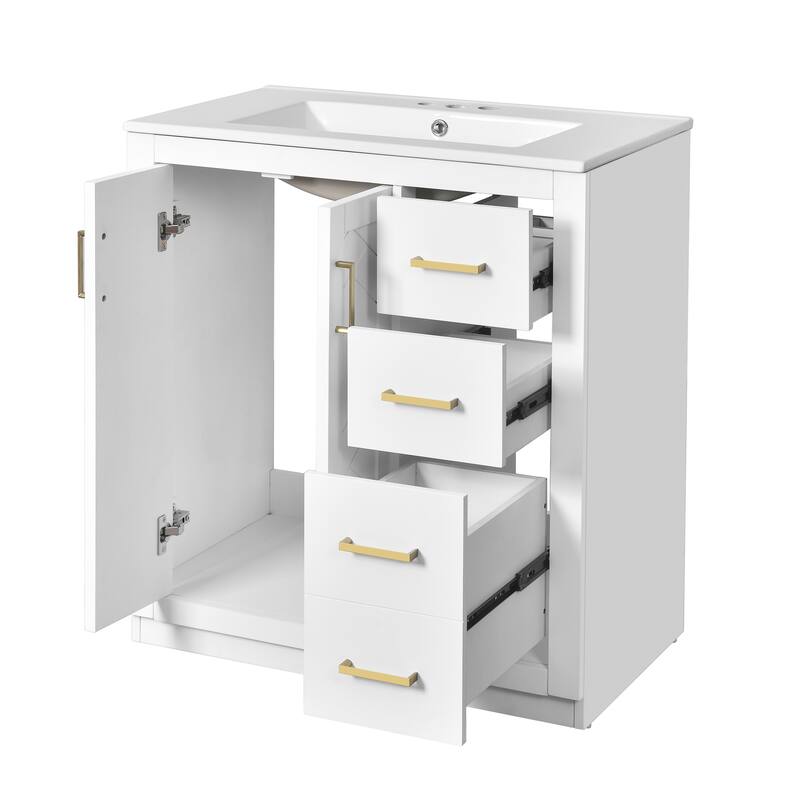 Roomfitters 30" Vanity with Ceramic Sink, Solid Wood Freestanding Cabinet with 3 Drawers and Soft Closing Doors