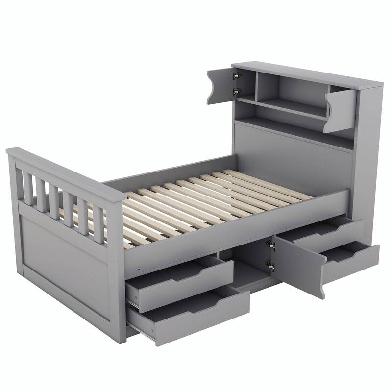 Captain Platform Bed Frame with Storage Bookcases, Shelves & Four Drawers