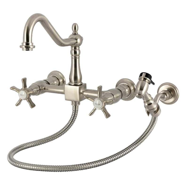 Kingston Brass Essex Double-Handle Wall-Mount Pre-Rinse Bridge Kitchen Faucet - Brushed Nickel