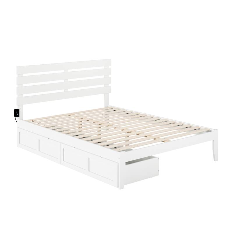 Queen Bed with USB Charger & Storage Drawers - Slat Kit Included, White