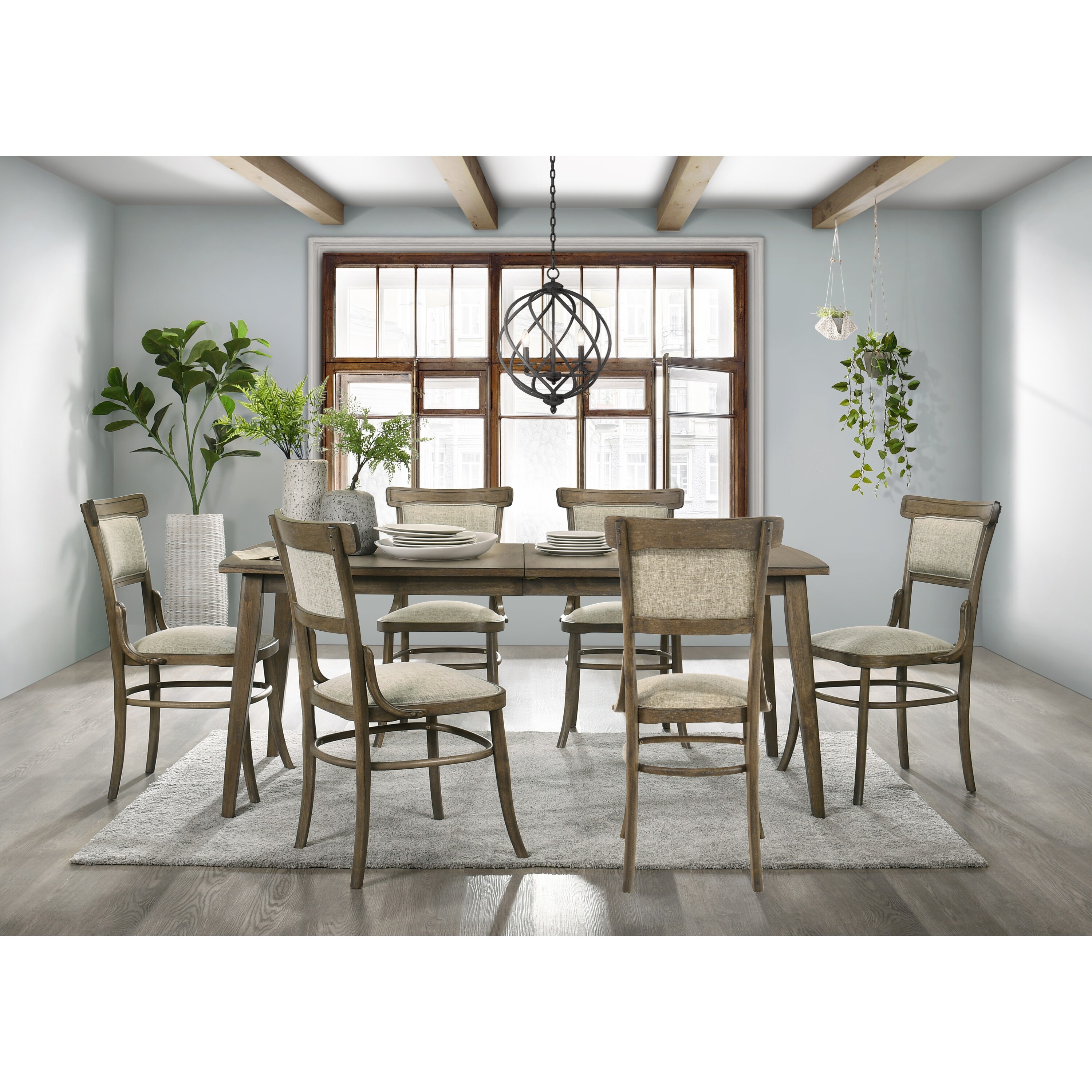 Vintage Style 7-Pc Wooden Dining Table Set with 6 Upholstered