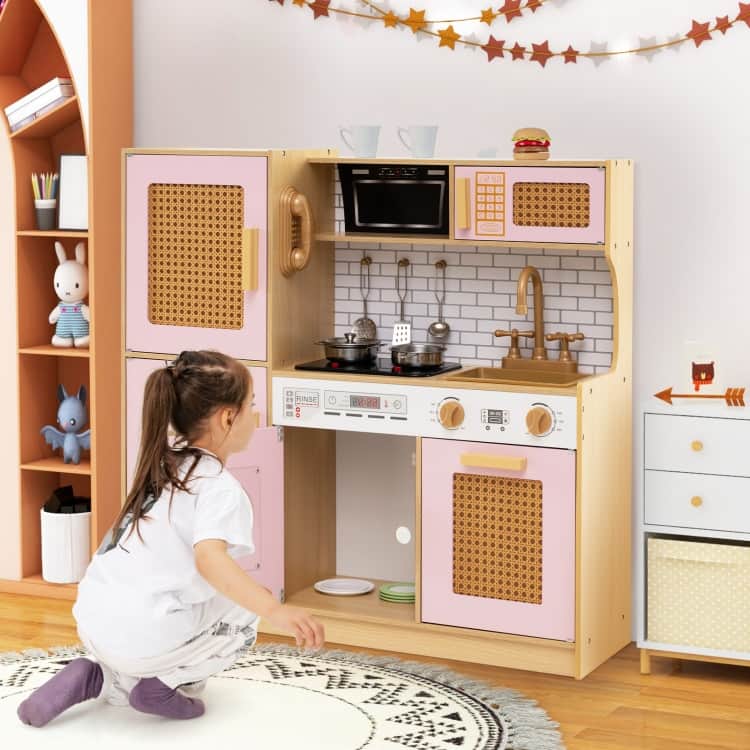 MDF Rattan Kids Play Kitchen with Lights, Sounds and Accessories - 33" × 10" × 31.5"