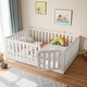 preview thumbnail 27 of 37, Queen Size Montessori Floor Bed with Door & High Fence, Solid Wood Low-Profile Sleep and Play Bed Frame Full Size White - Full