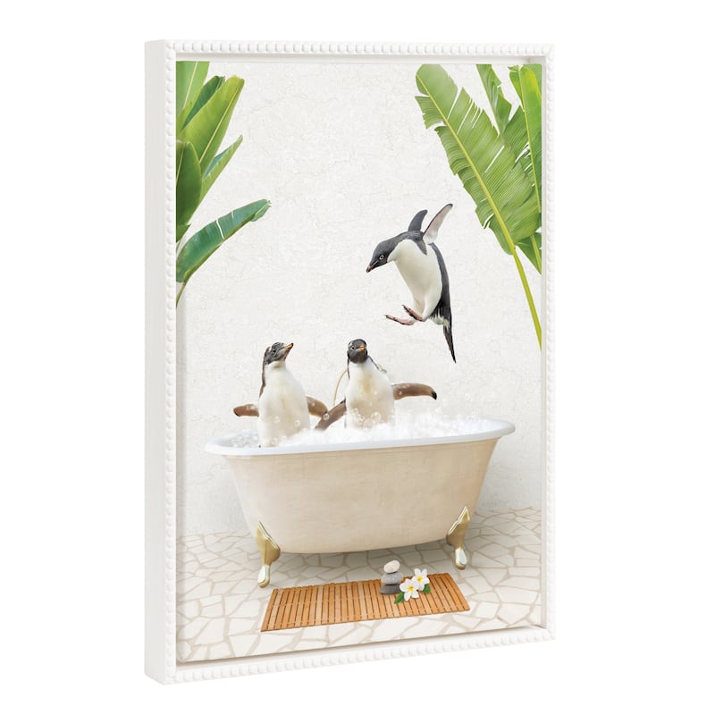 Sylvie Beaded Penguins Bali Bath Framed Canvas by Amy Peterson - 18x24