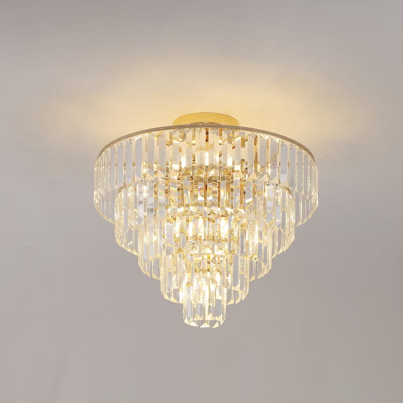 Gold Crystal Chandeliers,5-Tier Round Semi Flush Mount Chandelier Light Fixture - GOLD