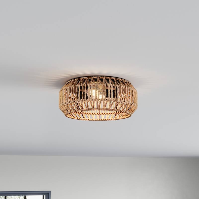 Farmhouse Brown 2-Light Hand-Woven Paper Rope Flush Mount Ceiling Light Fixture