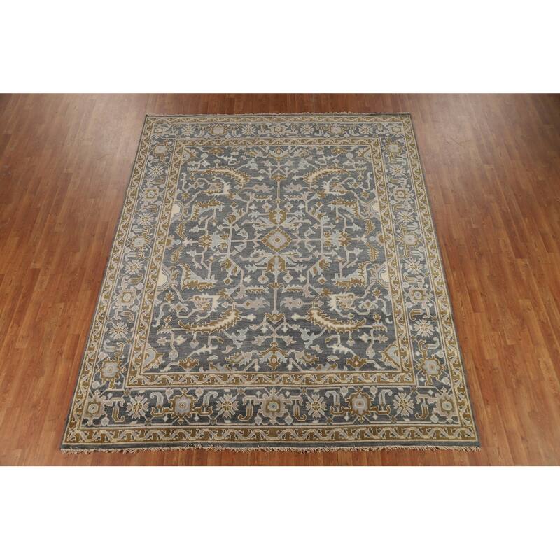 All-Over Gray Oushak Indian Area Rug Hand-Knotted Wool Carpet - 8'1"x 9'11"
