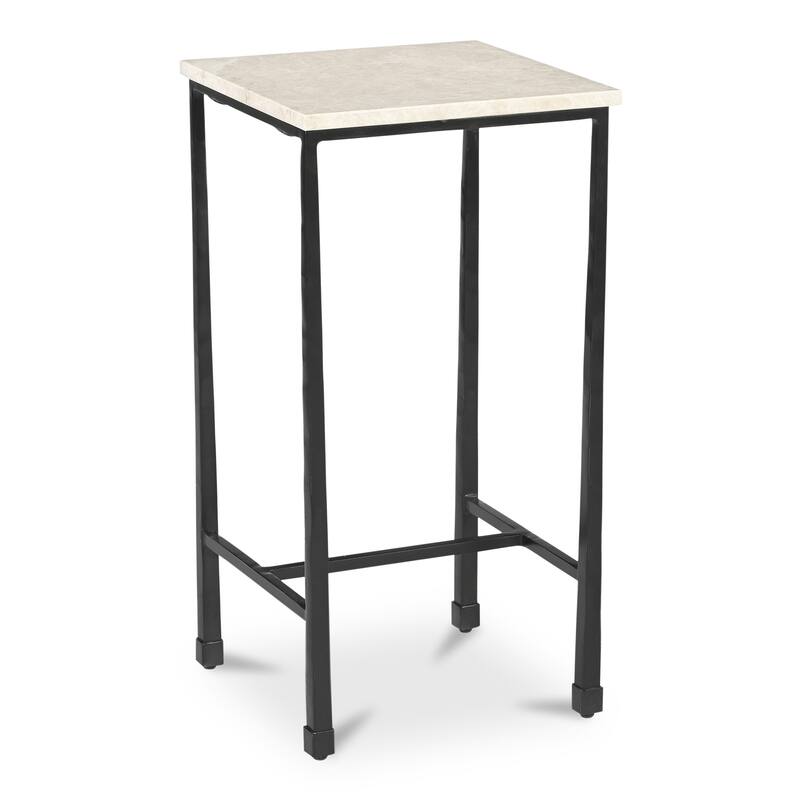 NADAAL STUDIOS Tylienne Side Table, Italian Botticino Marble, Hammered Blackened Iron Base
