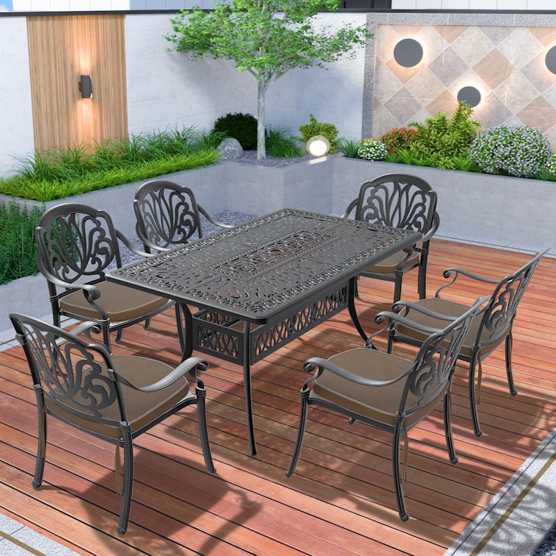 5/7-Piece Cast Aluminum Outdoor Dining Set with 58.27'' L X 34.65'' W Rectangular Table and Seat Cushions - Black( 7-Piece Sets-A)
