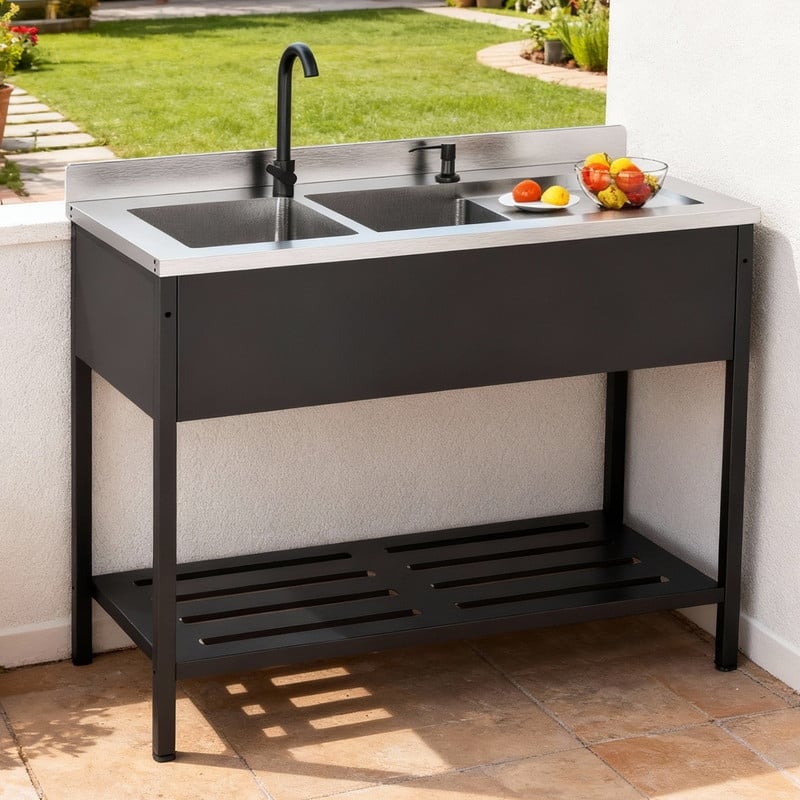 47.5 In.Heavy-Duty Freestanding Stainless Steel Double Bowl Utility Sink With Faucet