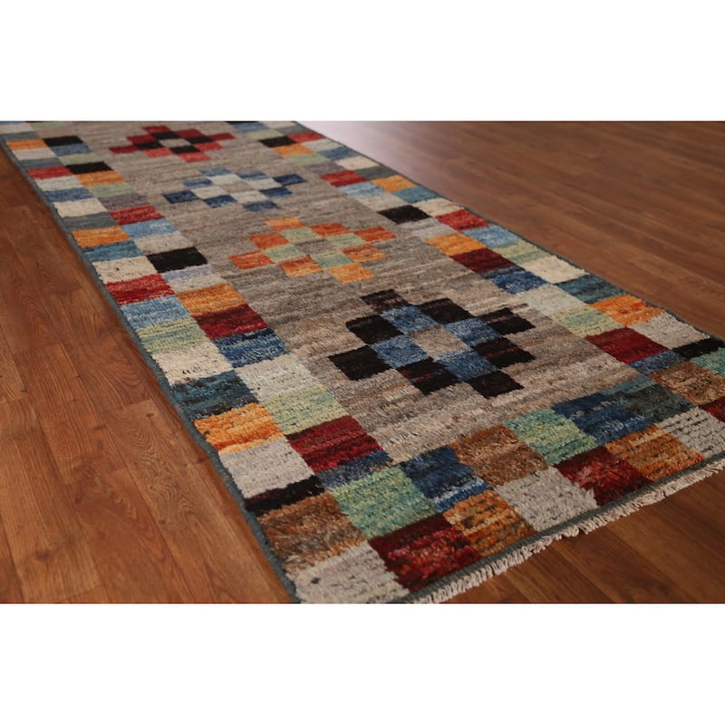 Moroccan Oriental Runner Rug Handmade Checkered Wool Carpet - 3'1" x 9'10" - 3'1" x 9'10" - Multi-Color