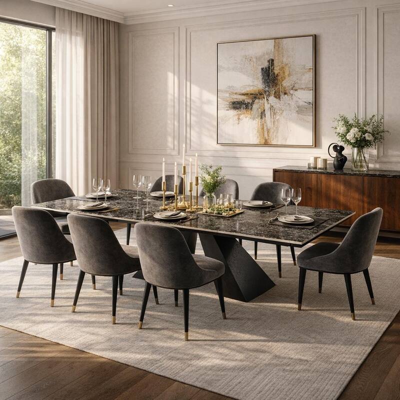 110.24" Extendable Rectangular Sintered Stone Double Pedestal Dining Table Seat 8-12