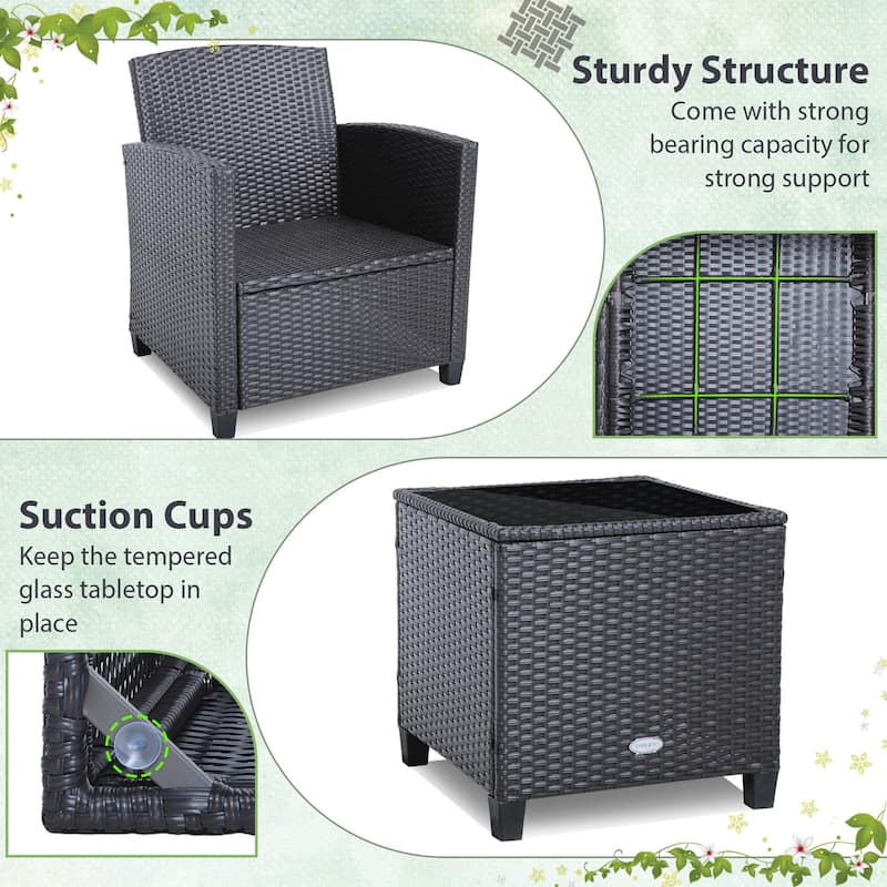 3PCS Balcony Patio Wicker Furniture Set with Cushion Covers