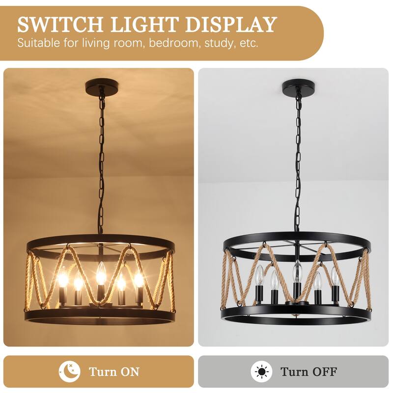 5-Light Hemp Rope Candlestick Hanging Linear Chandelier Lighting with Cloth Cover for Kitchen Island