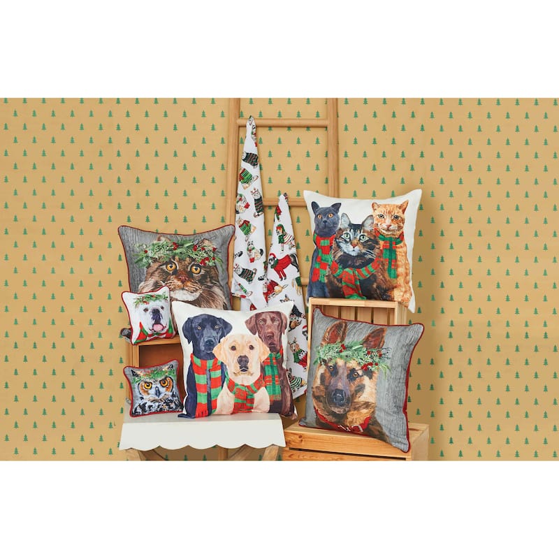 18" x 18" Cat Wearing Holly Berry Flower Crown Printed & Embellished Throw Accent Pillow