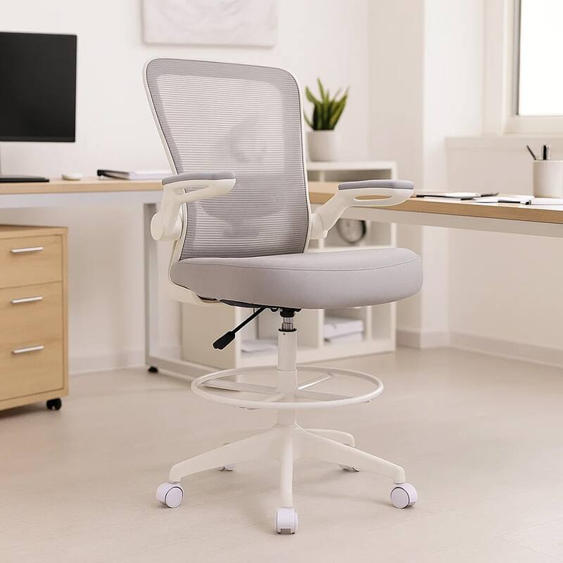 Dea Drafting Stool Chair, Flip-Up Arms, Gray Mesh, Chrome Footring