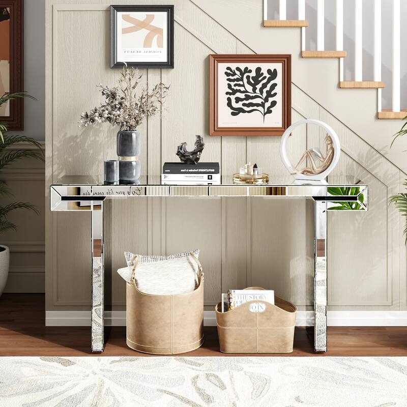 GDF Studio - Aranda Art Deco Mirrored Wood Console Table with Fluted Glass Design