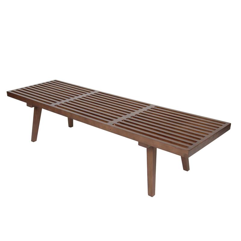 60" Solid Wood Platform Bench Rubberwood Rectangular Entryway Vanity Bench with Slatted Design for Home Office Living Room