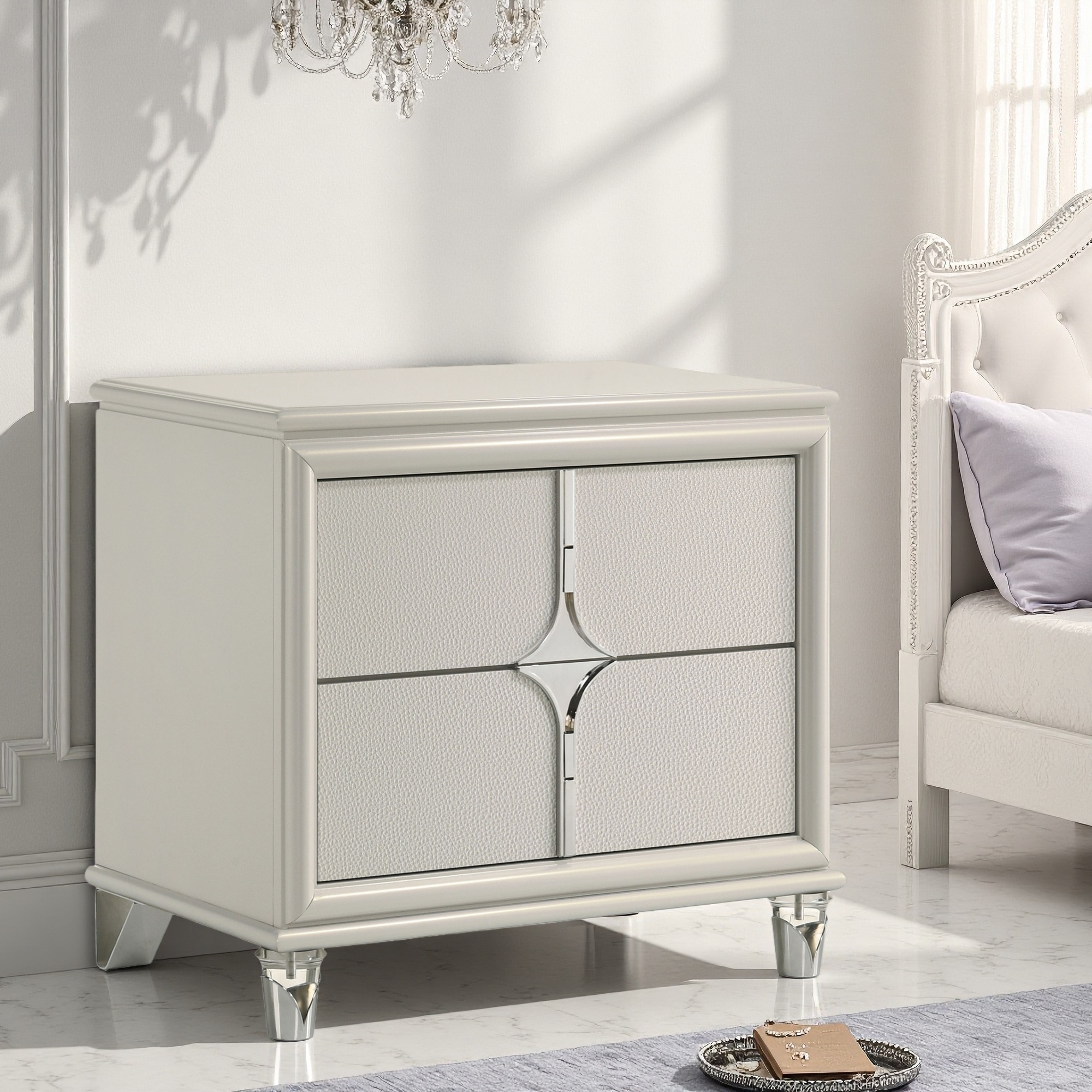 29.5"L Wood 2-Drawer Nightstand with Cord Management, Acrylic Legs & Chrome Accents Bedside Table