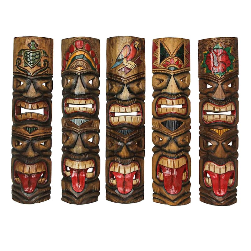 Zeckos 24 Inch Double Tiki Mask Totem Wall Sculptures (Set Of 5)