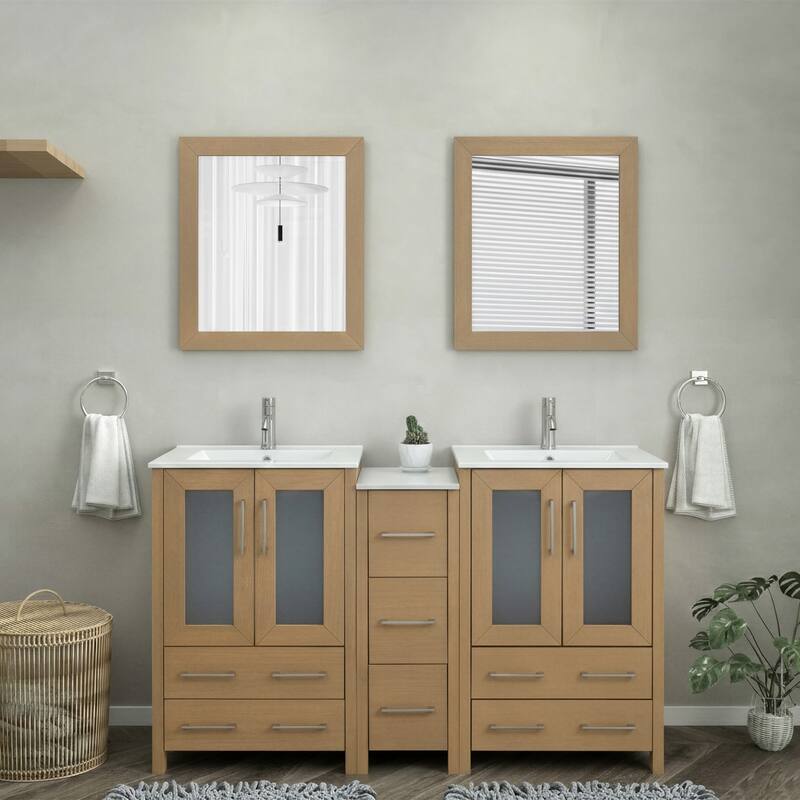 Vanity Art 60 in. Double Sink Bathroom Vanity with Top and Mirrors - 60 X 18.1 X 35.8 - Natural Oak