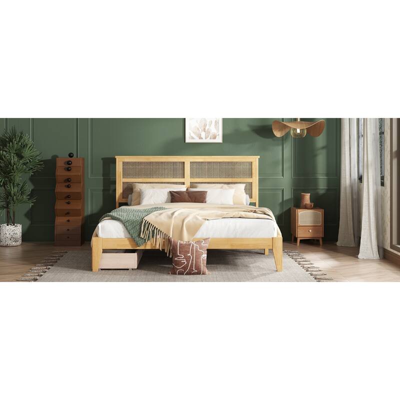 Roomfitters King Wood Bed with Rattan Headboard, Two Underbed Storage Compartments, Reinforced Slats & Support Feet