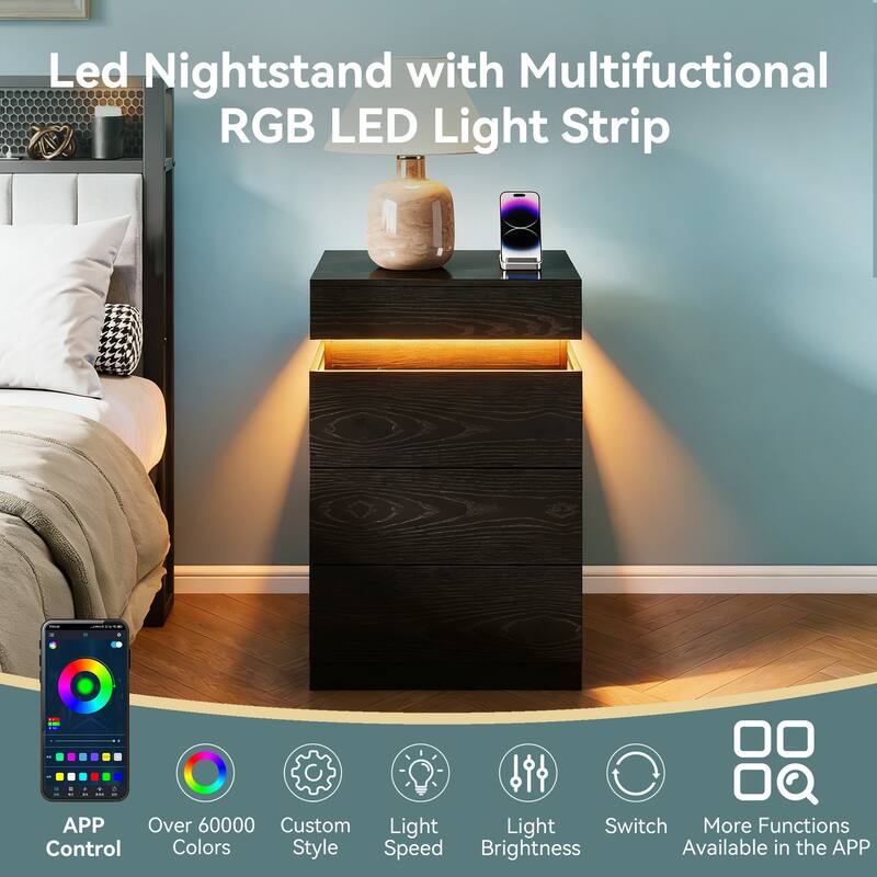 Nightstand with Built-In Charging Station and LED Lighting, 3-Drawer Sliding-Top Modern Bedside Table