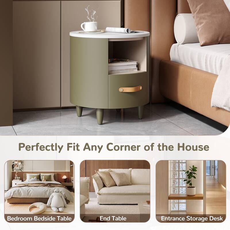 Contemporary Round Nightstand - Storage Drawer + Open Shelf, Curved Design Bedside/End Table (Easy Assembly, Green)