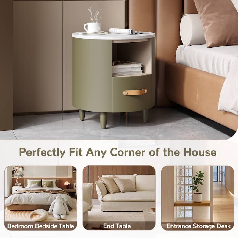 Round Nightstand with Drawer & Open Shelf, Nightstand with Leather Handle & Tapered Legs, Large Capacity Sofa Side Table